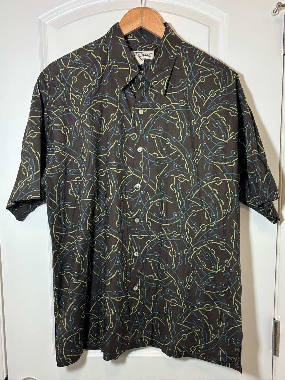 Tori Richard Brown Shirt with Teal & Lime Abstract Print